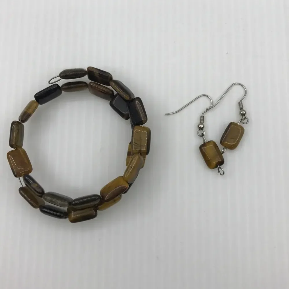 Vintage Boho Tiger's Eye Glass Beaded Bracelet Earring Set Handmade Jewelry